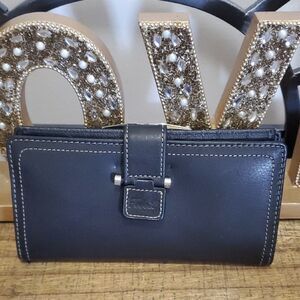 Fossil Y2K Black Leather Checkbook Card Organizer Wallet with Pen Vintage Boho